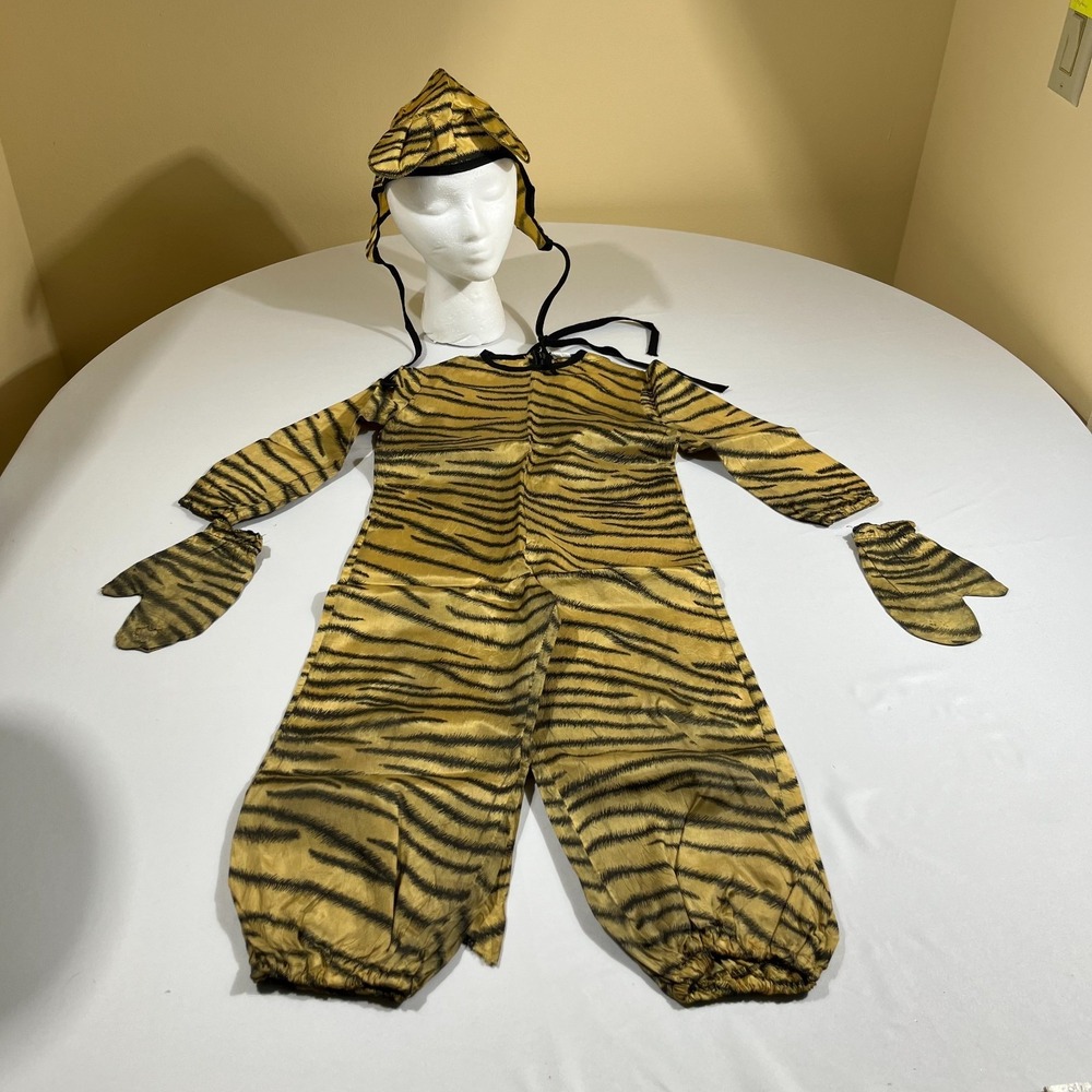 Vintage Tiger Costume Kids Small Made in USA Animal Print Jumpsuit 4pc Set 80s